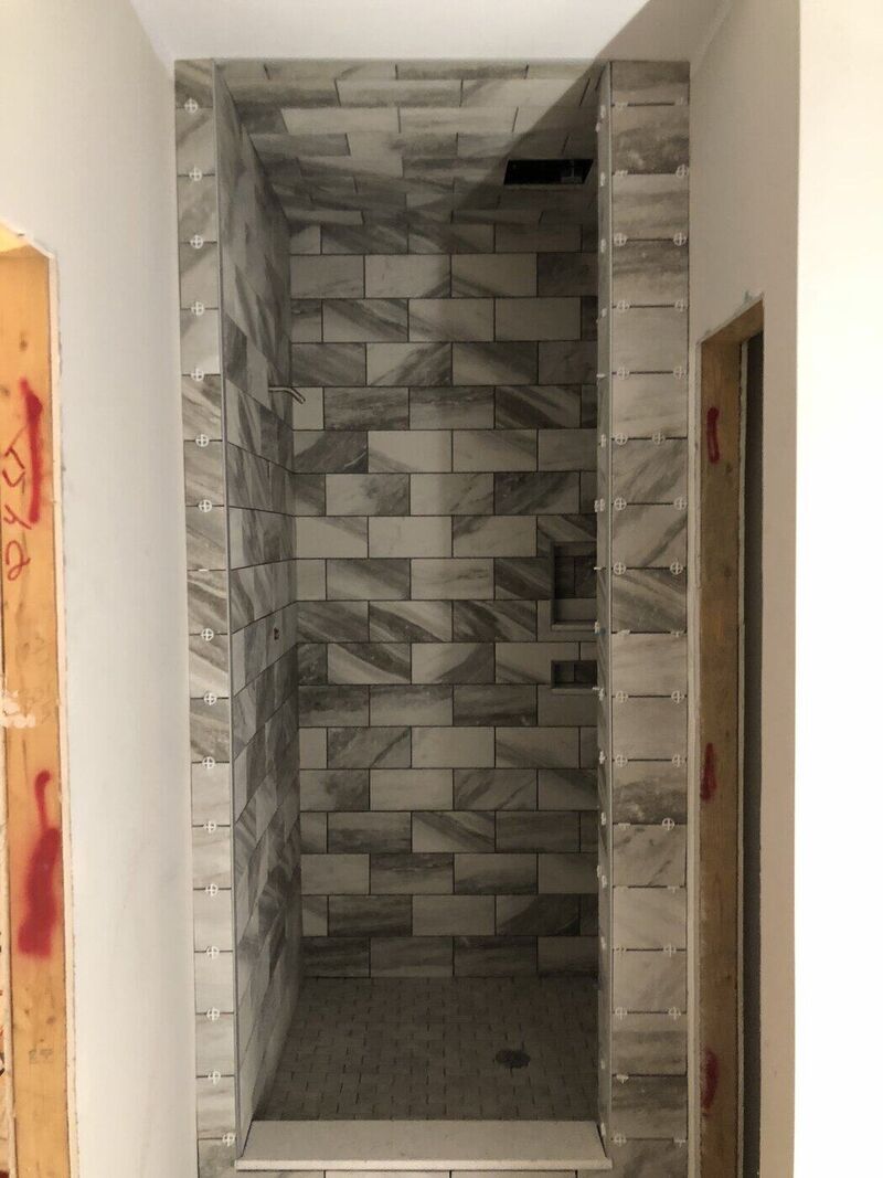 Primary bath, Wood-Plank Floors and Built Shower