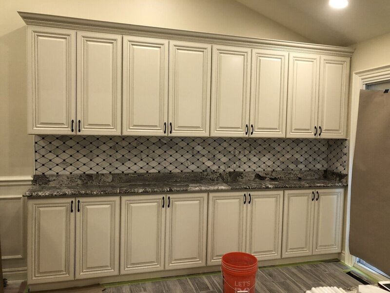 Kitchen / backsplash, Stacked Stone Fireplace and Hex Floor