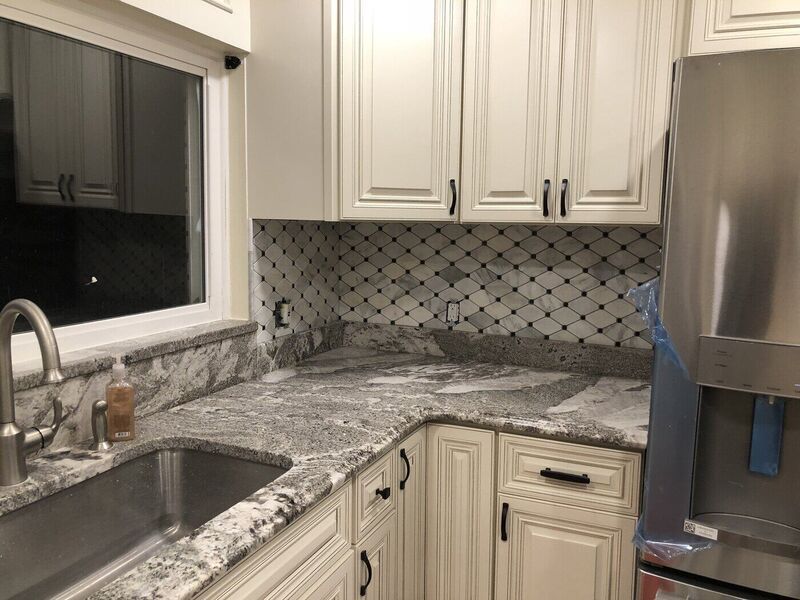 Kitchen / backsplash, Stacked Stone Fireplace and Hex Floor