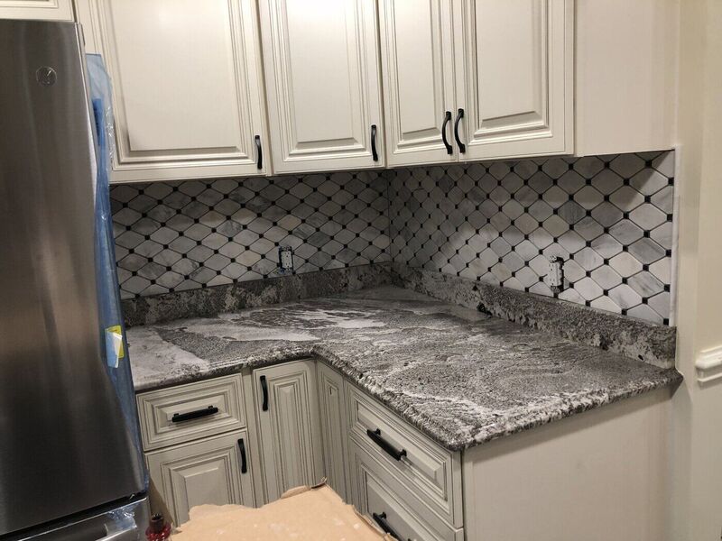 Kitchen / backsplash, Stacked Stone Fireplace and Hex Floor
