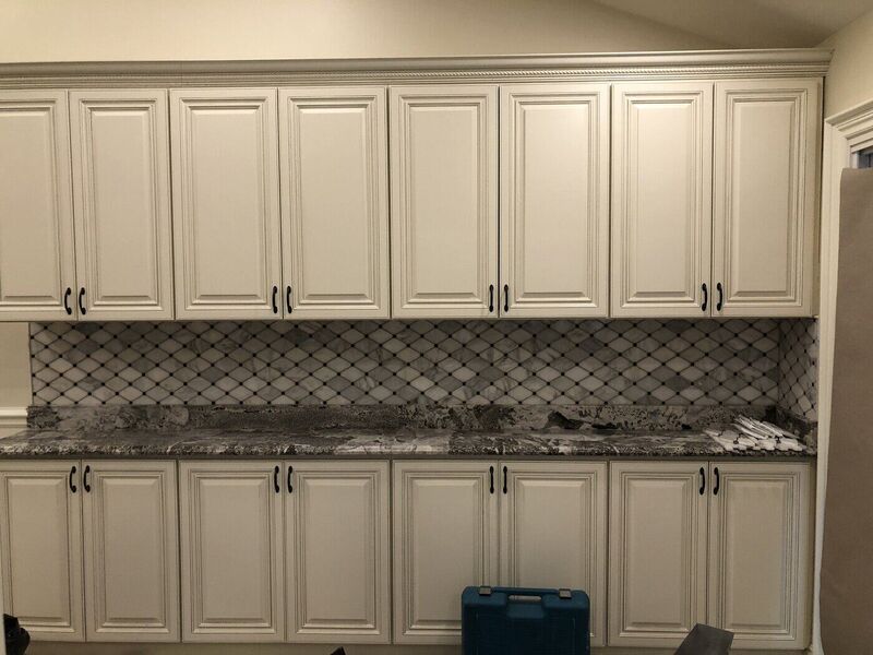 Kitchen / backsplash, Stacked Stone Fireplace and Hex Floor