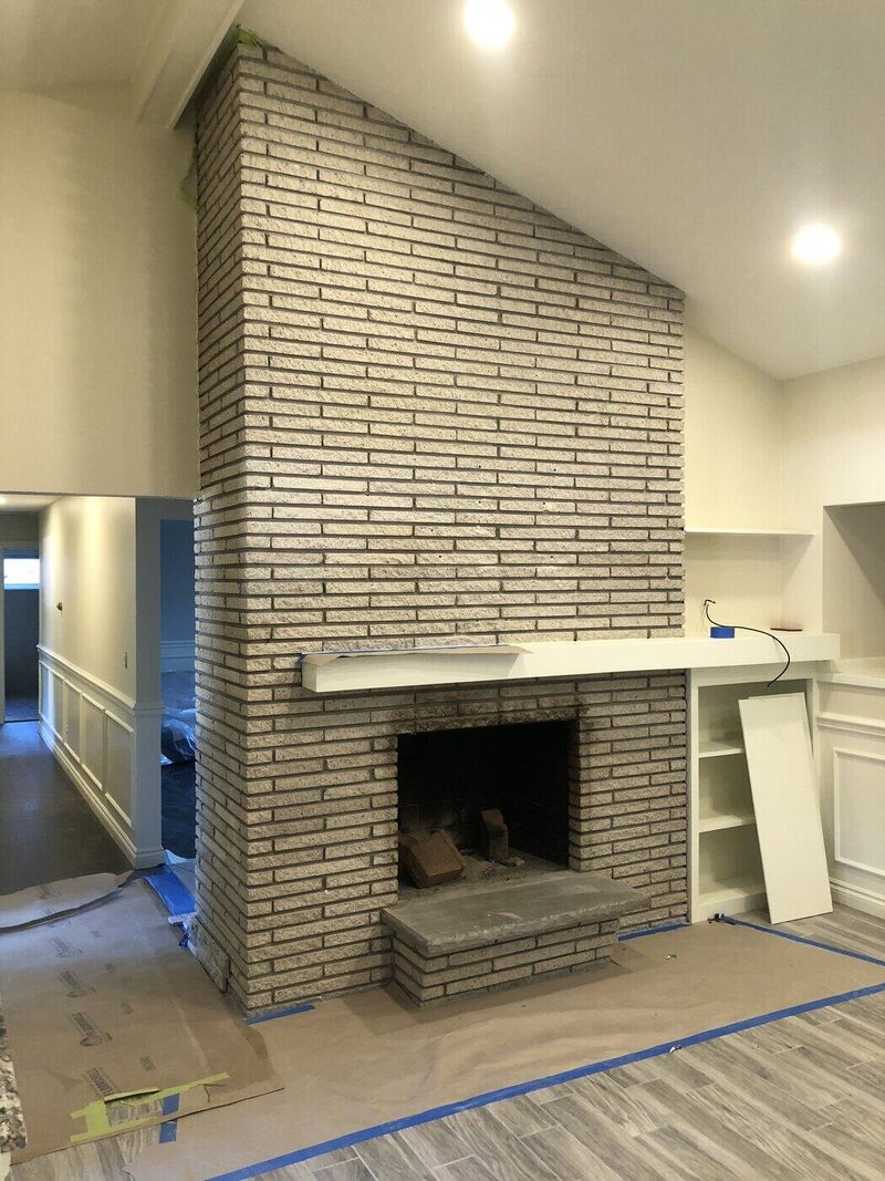 Fireplace / feature wall, Stacked Stone Fireplace and Hex Floor