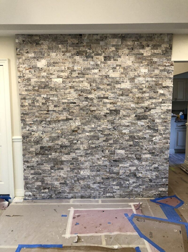 Fireplace / feature wall, Stacked Stone Fireplace and Hex Floor