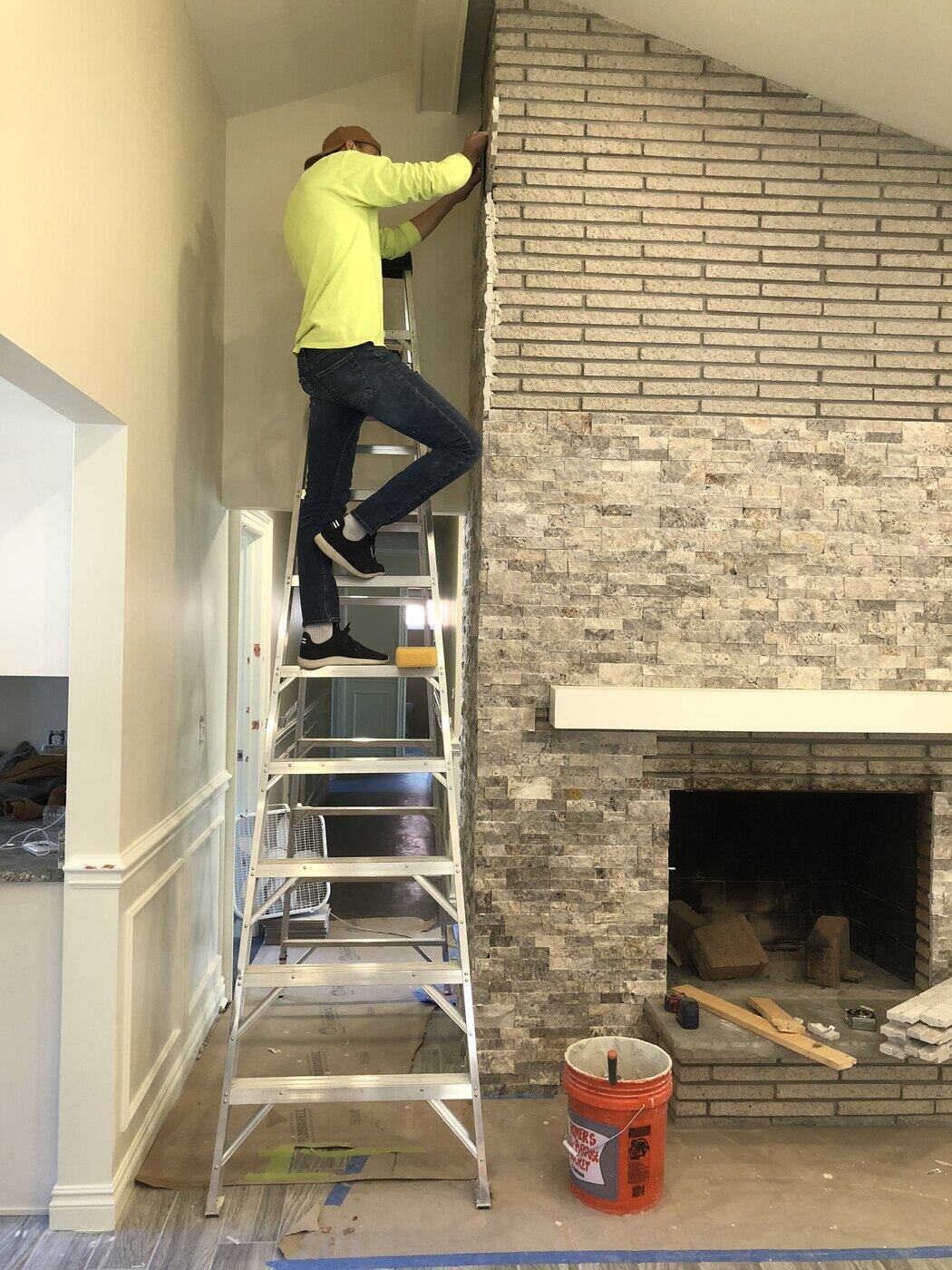 Stacked Stone Fireplace and Hex Floor, finished