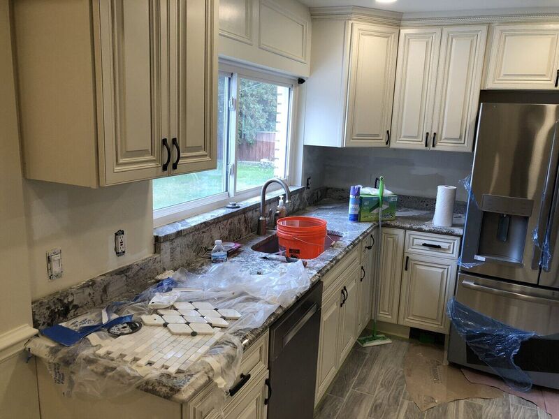 Kitchen / backsplash, Stacked Stone Fireplace and Hex Floor