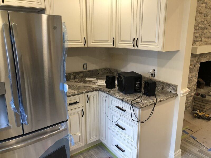 Kitchen / backsplash, Stacked Stone Fireplace and Hex Floor