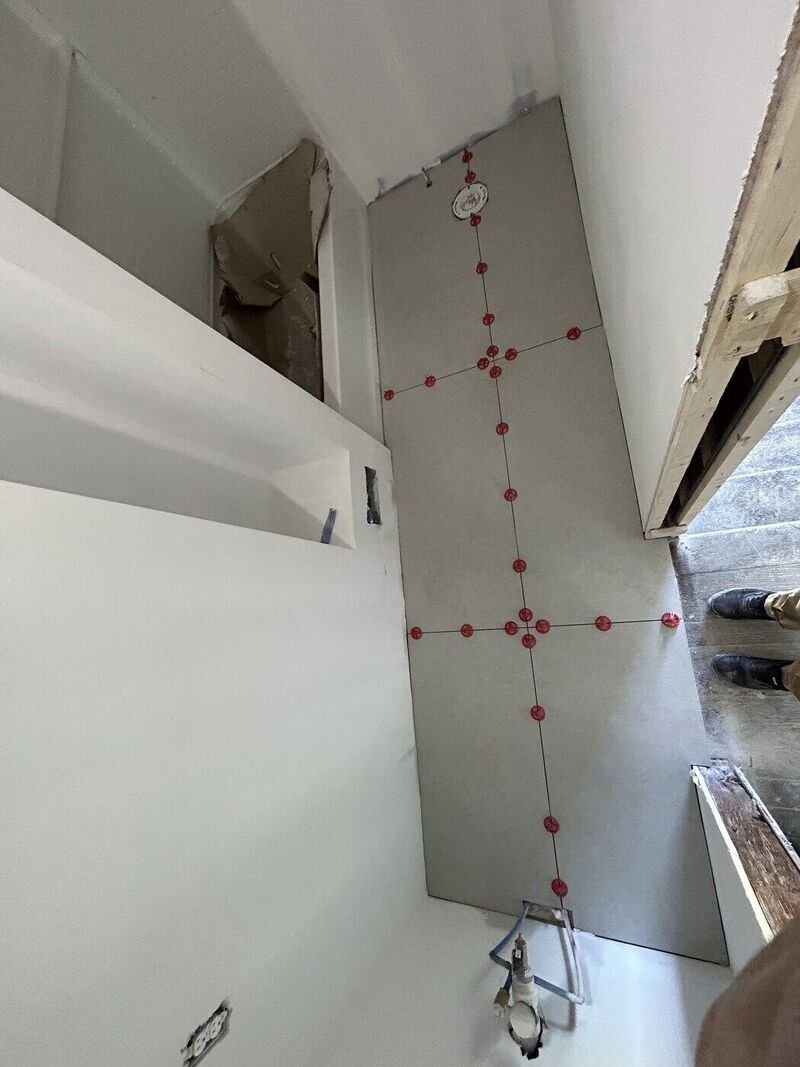 Bathroom 2, Grey Shower, Mosaic Pan and Bench