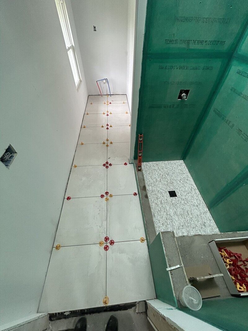 Bathroom 1, Grey Shower, Mosaic Pan and Bench
