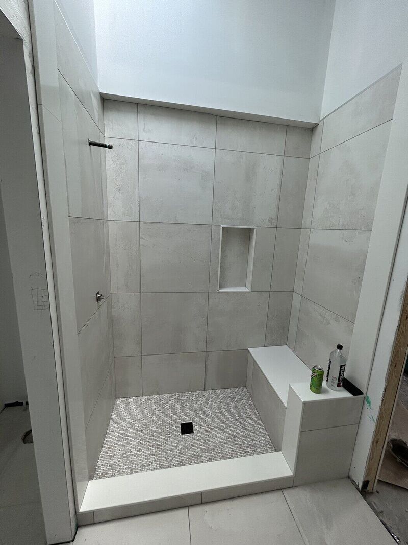 Grey Shower, Mosaic Pan and Bench