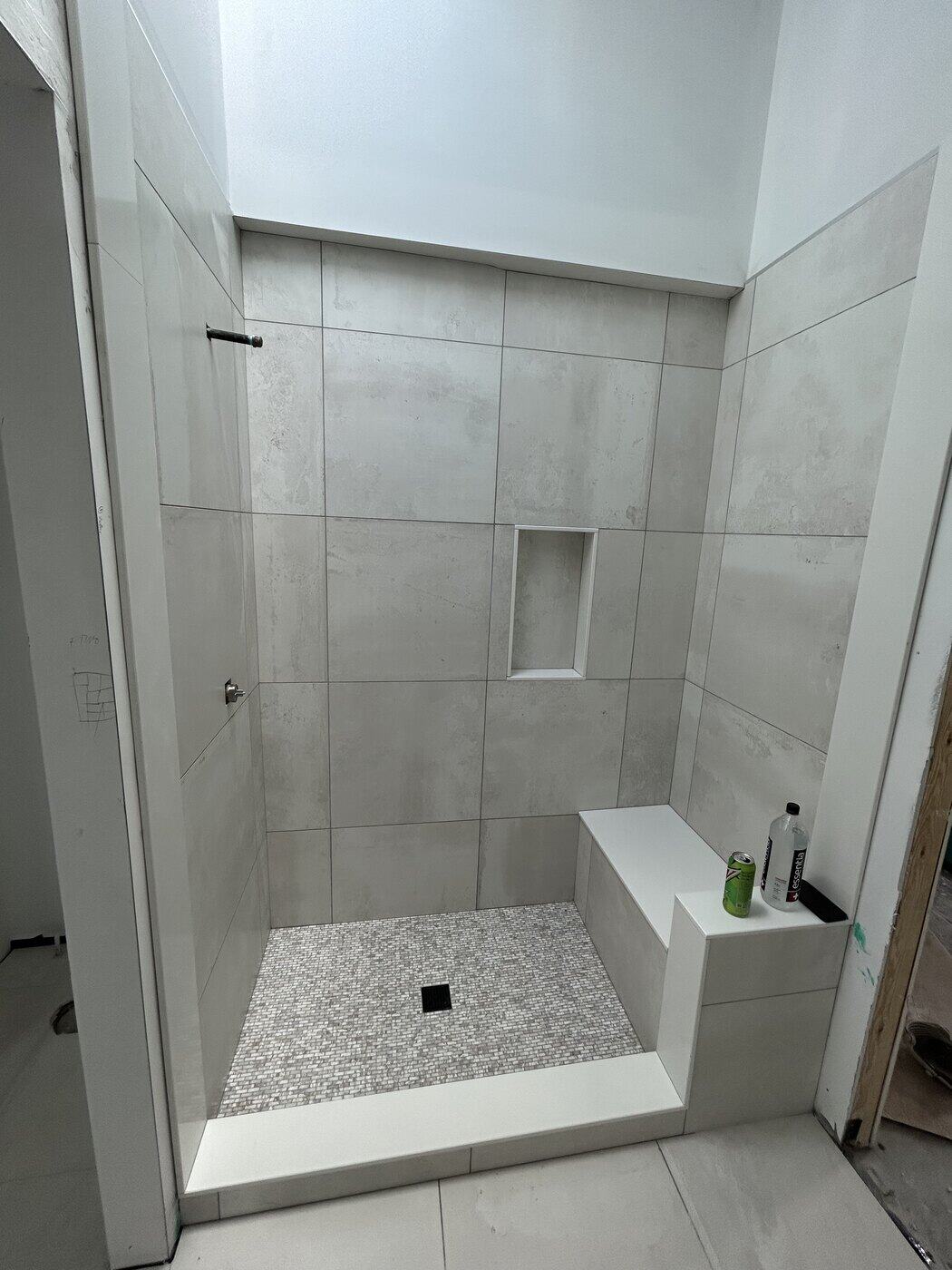 Grey Shower, Mosaic Pan and Bench, finished
