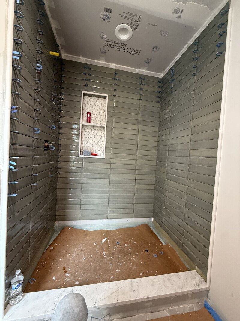 Bathroom 1, Charcoal Gloss and Green Glass