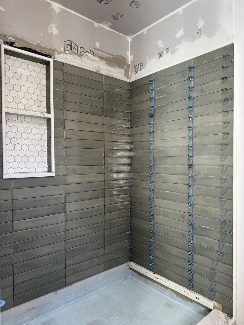 Bathroom 1, Charcoal Gloss and Green Glass