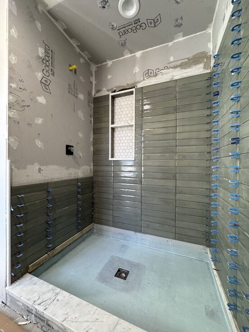 Bathroom 1, Charcoal Gloss and Green Glass