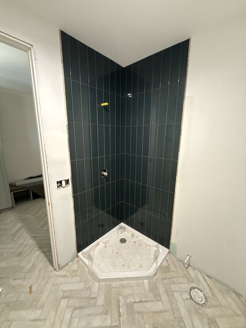 Bathroom 3, Charcoal Gloss and Green Glass